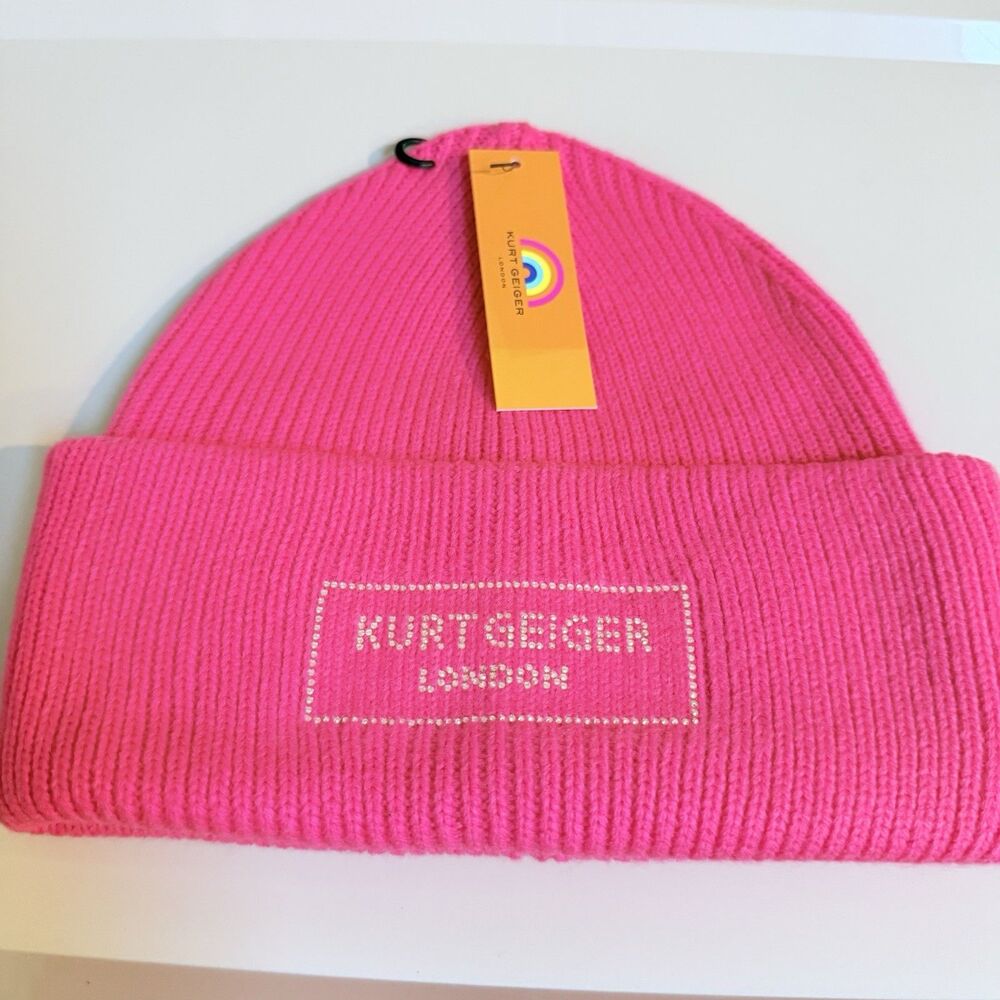 Kurt Geiger London Pink Beanie Multicolor Logo Cuffed Knit Hat 100% Acrylic NWT